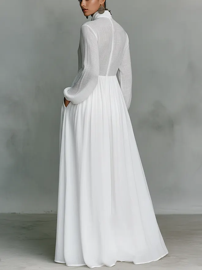 Women's Minimalist Cotton And Linen Patchwork Single-breasted Stand-up Collar Long-sleeved Maxi Dress