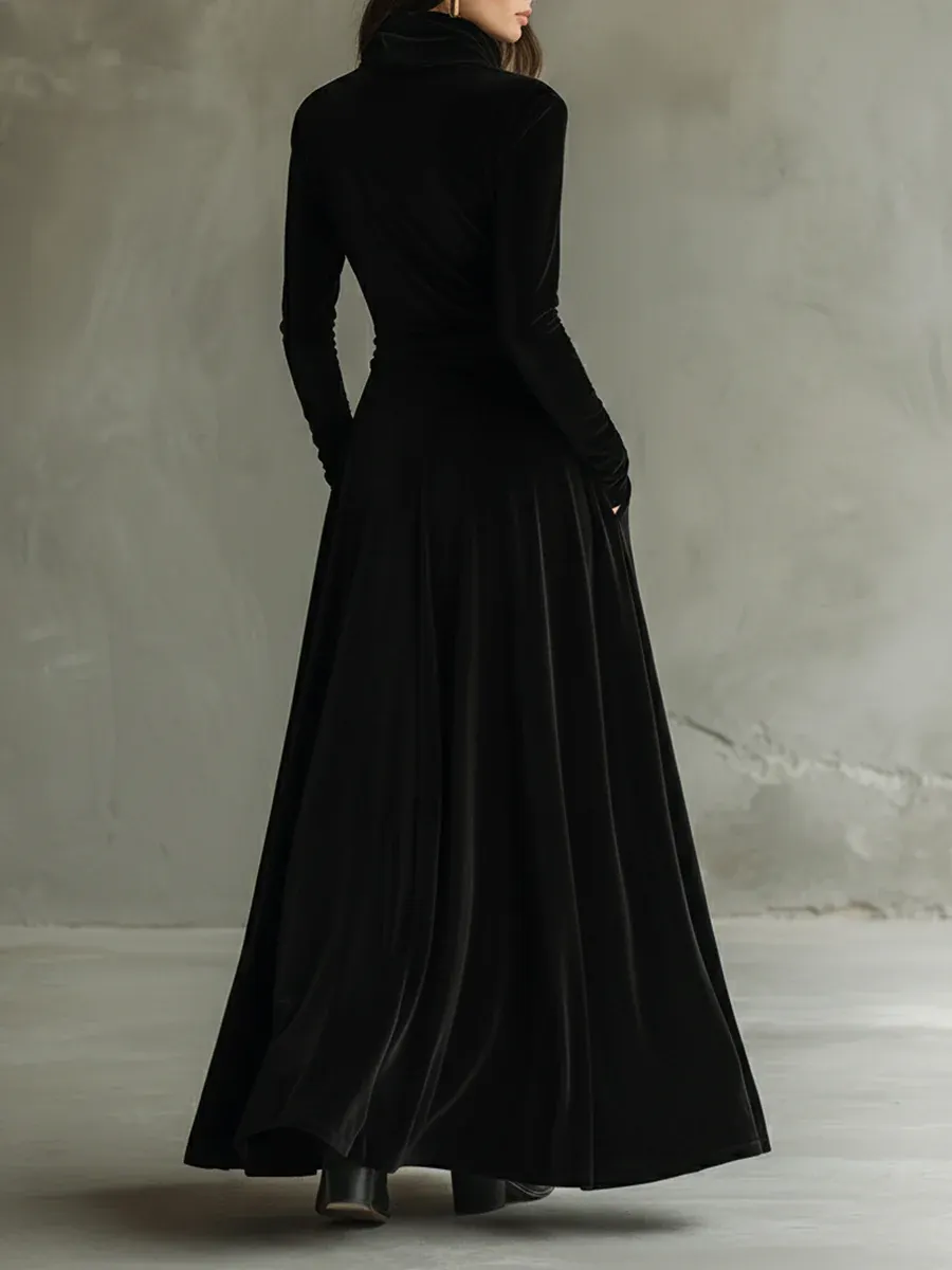 Black Pile Collar Velvet Embroidered A-line Maxi Dress