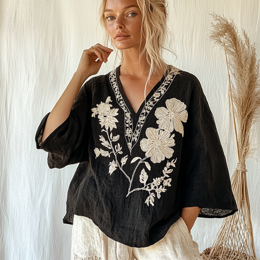 Vintage Floral Pattern Cotton & Linen V-neck Comfort Shirt