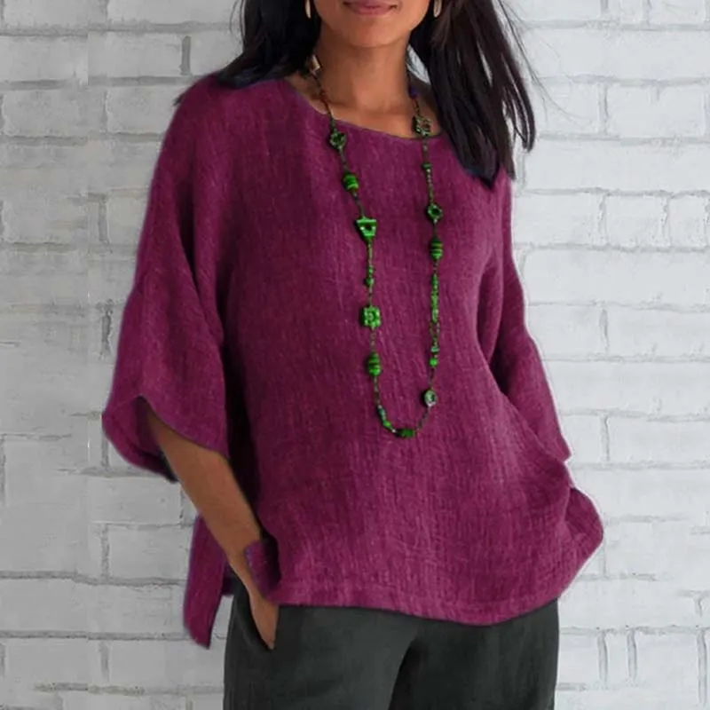 3/4 Sleeve Round Neck Cotton & Linen T-Shirt