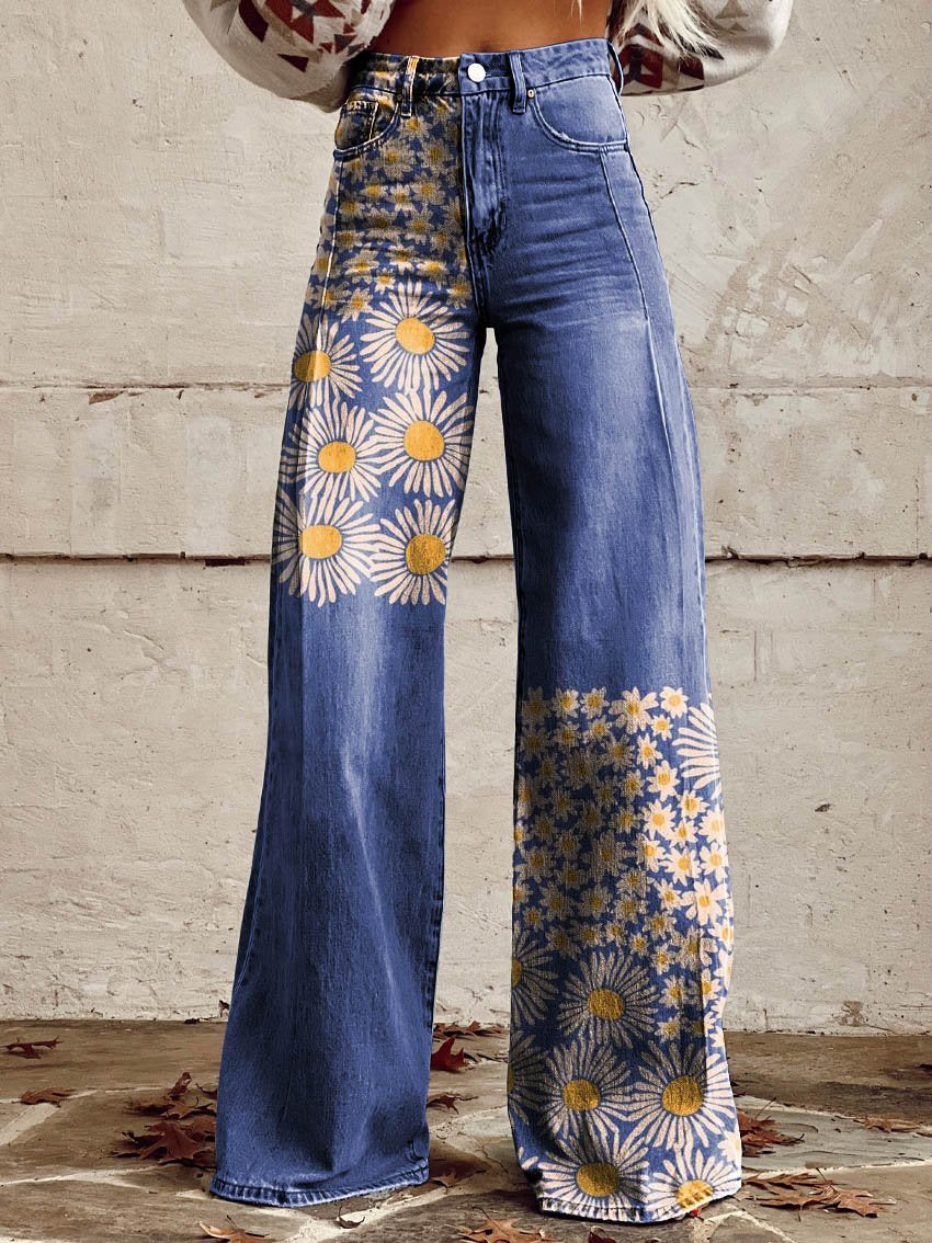 Blue Daisy Print Casual Wide-Leg Pants