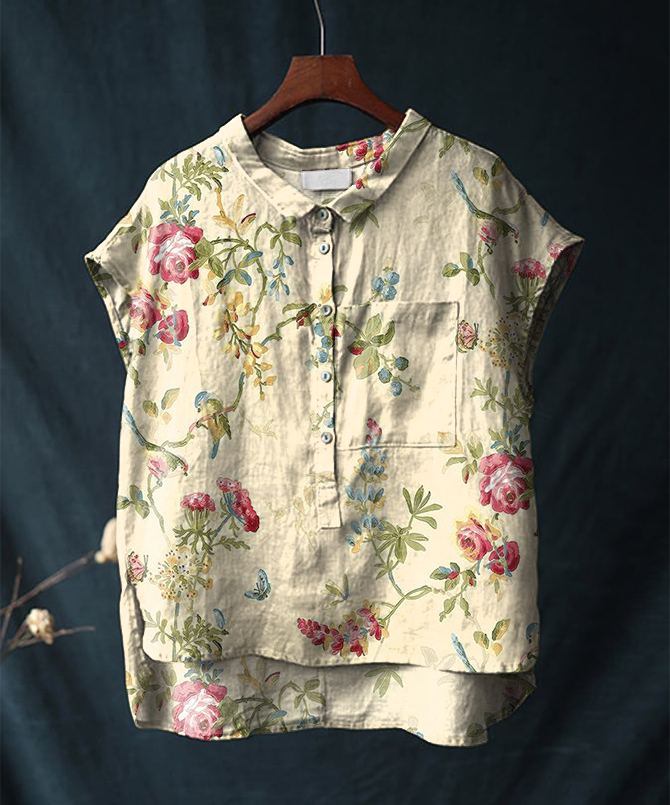 Vintage Floral Animal Print Short Sleeve Cotton & Linen Shirt