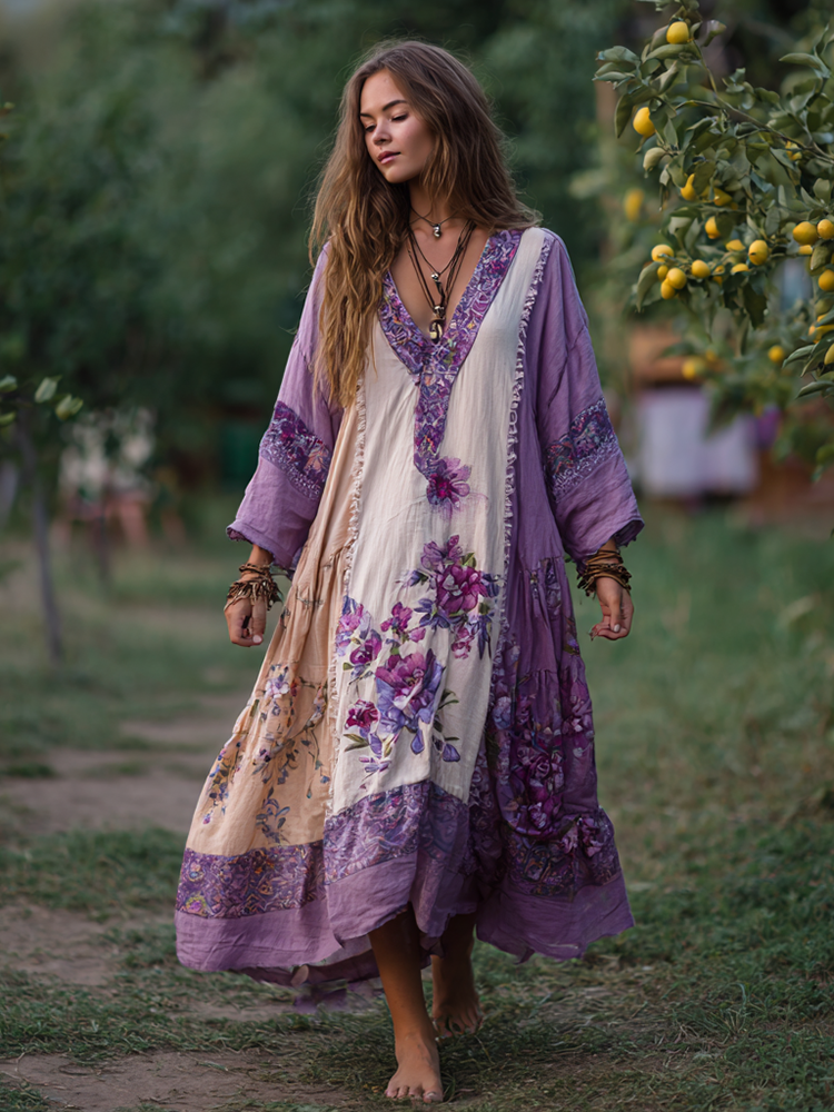 Women's Vintage Ethnic Floral Long Sleeve Maxi Dress