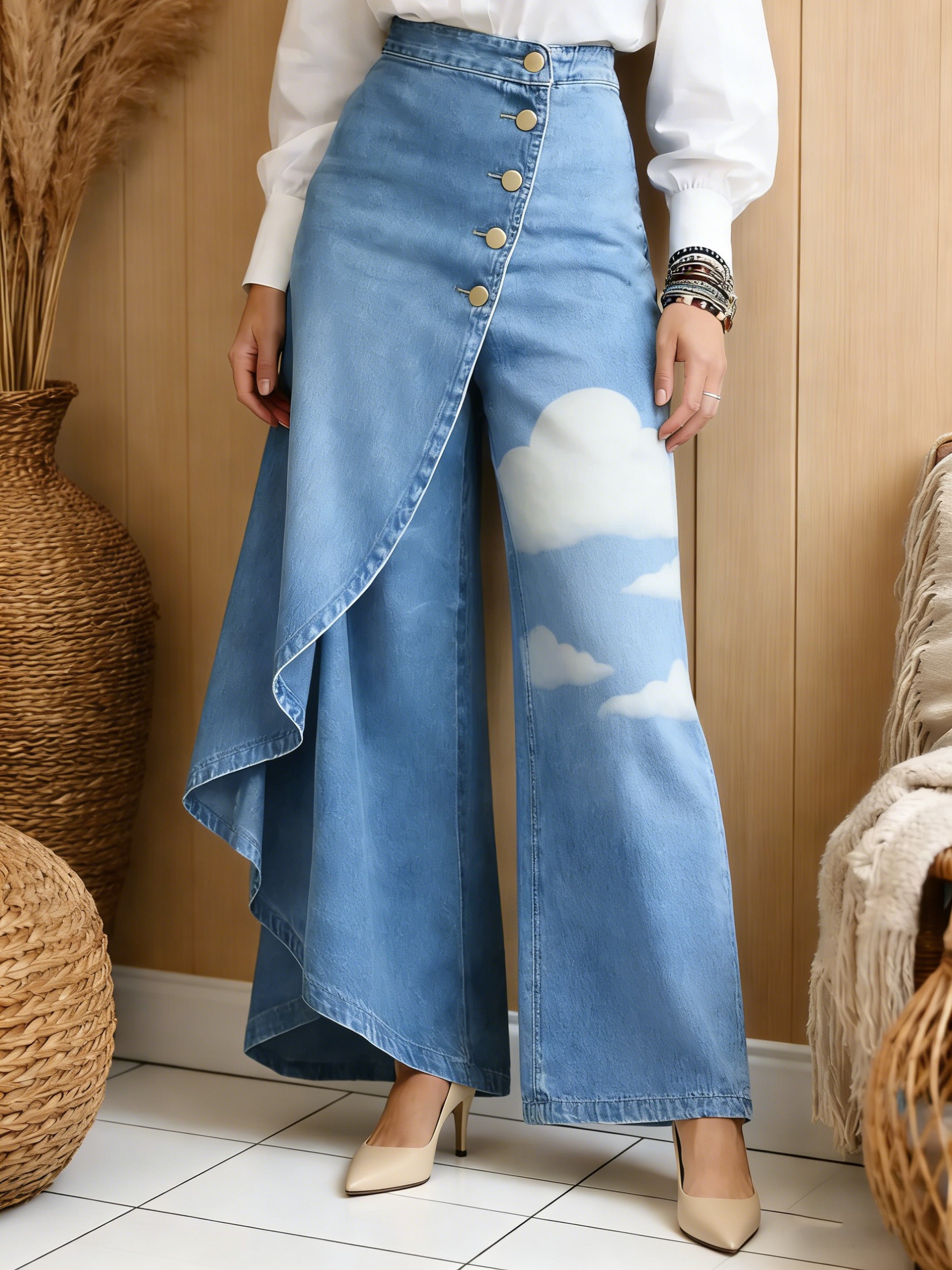 Art Print Casual Washed Denim Cotton Pants