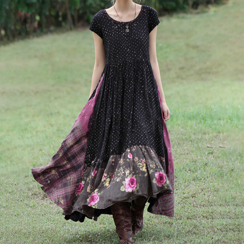 Women's Vintage Pink Rose And Plaid Patchwork Short-sleeved Dress