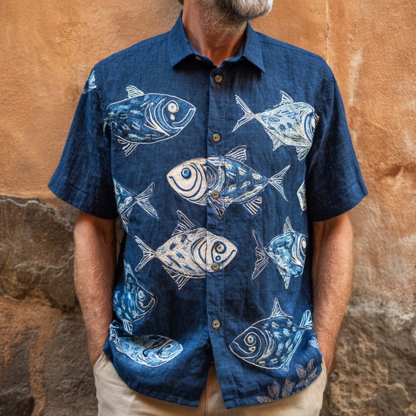 Men's Japanese-style Art Fish Print Short-sleeved Shirt