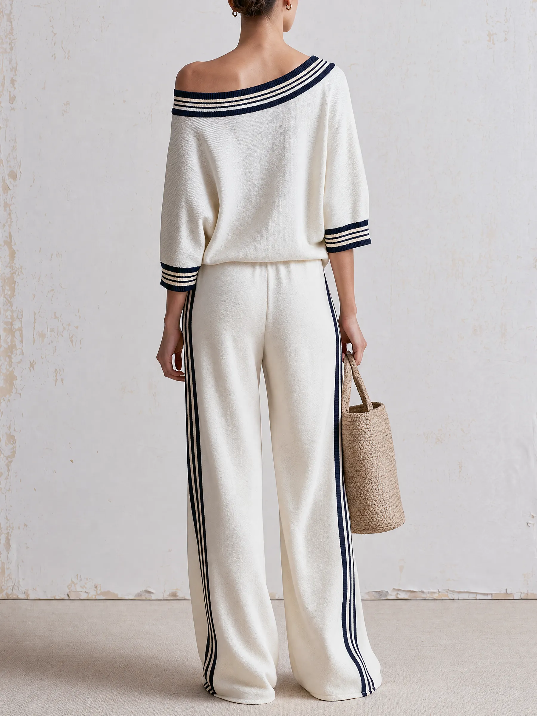Off-Shoulder Striped Collar GEN X Matching Sweatshirt & Side Stripe Wide-Leg Pants Two-Piece Set