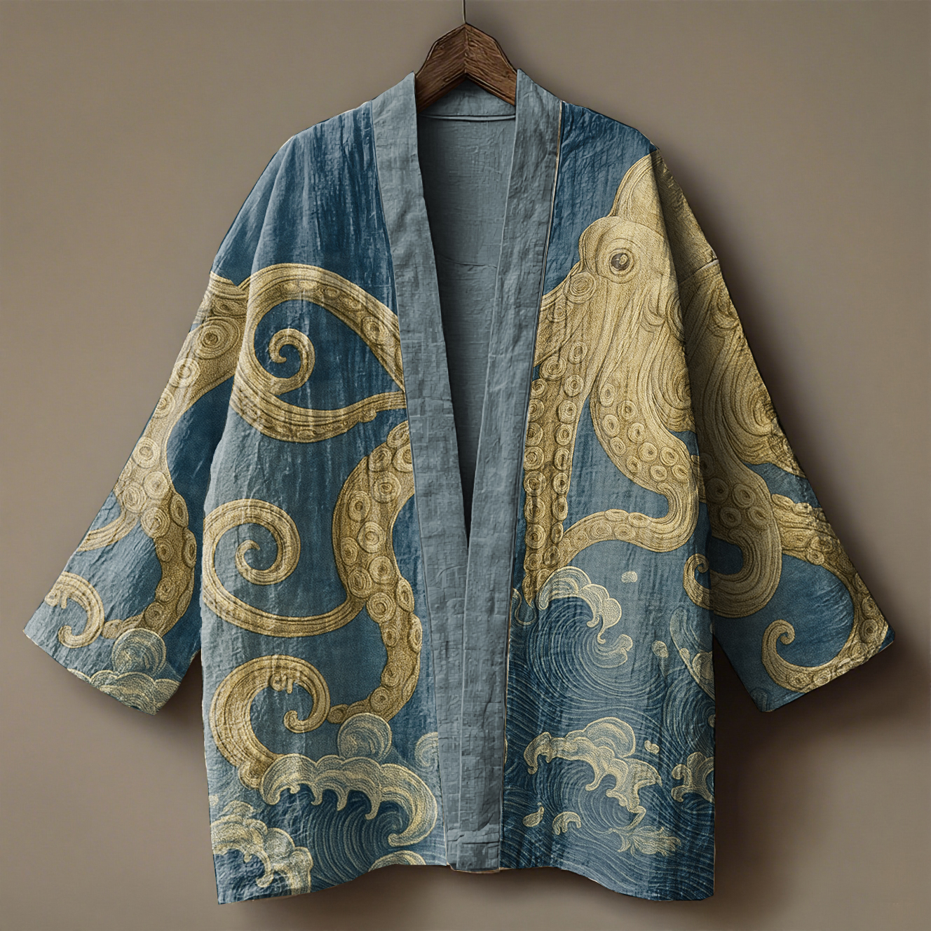 Japanese Octopus Embroidered Printed Linen Cardigan Kimono