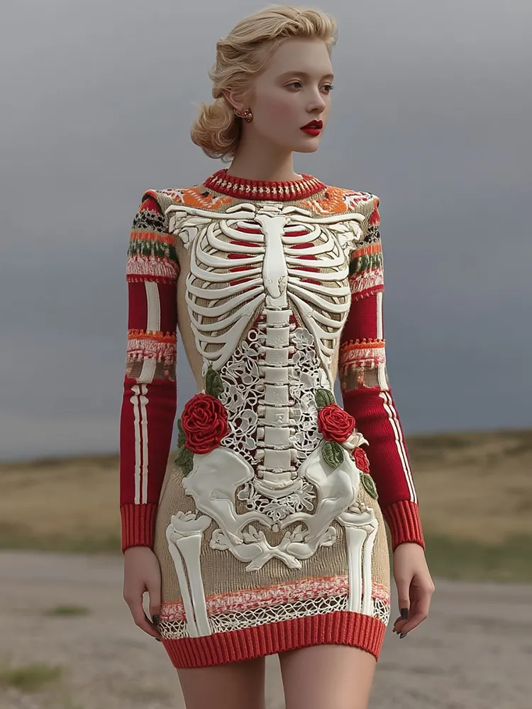 Women's Vintage Halloween Skeleton Bones With Rose Art Cozy Knit Mini Sweater Dress