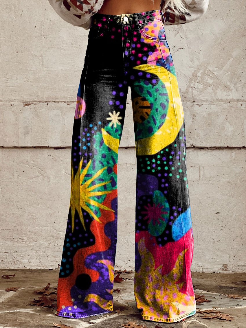 Vintage Print Casual Wide-Leg Pants