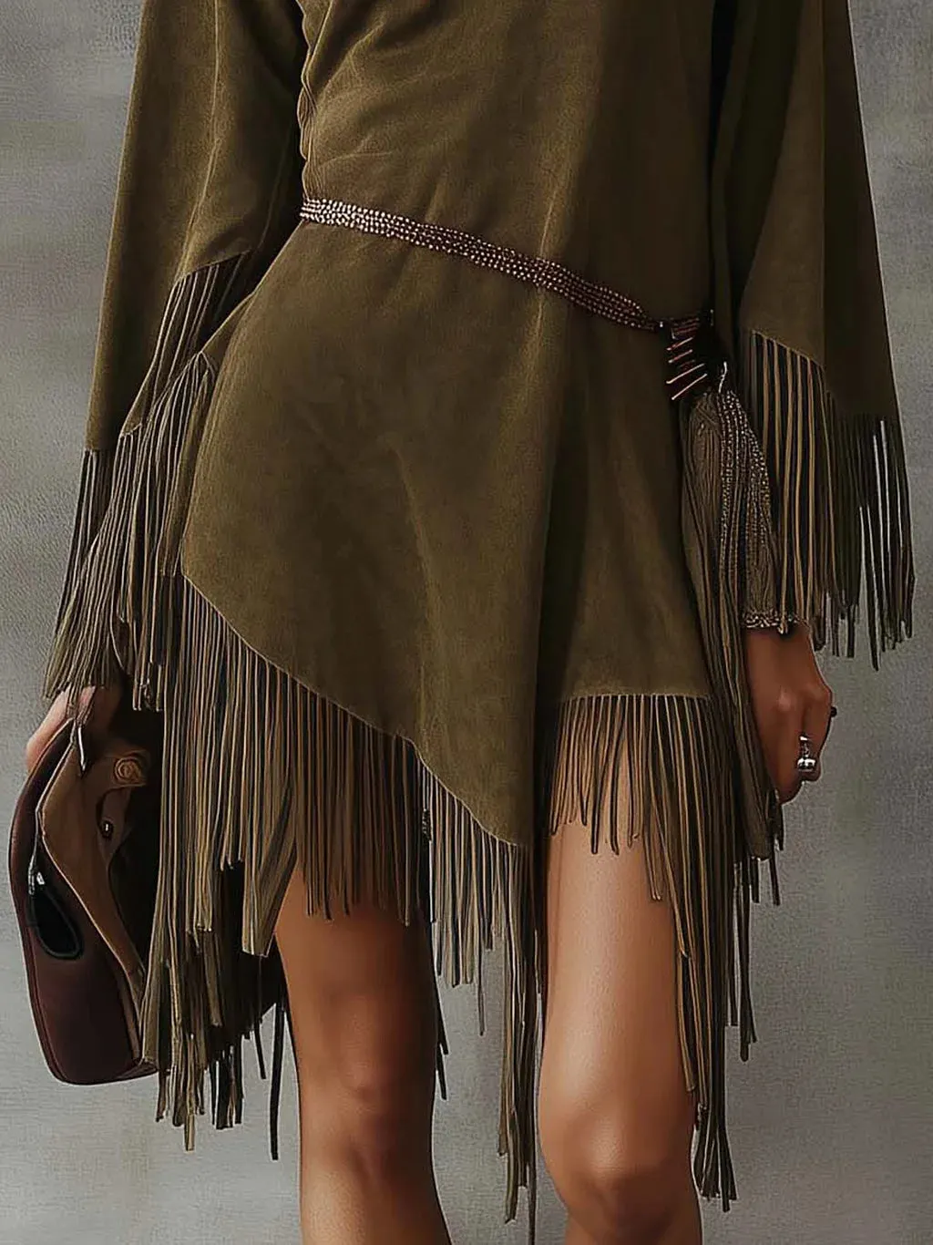 Olive Green Faux Suede Mini Dress With Irregular Tassels