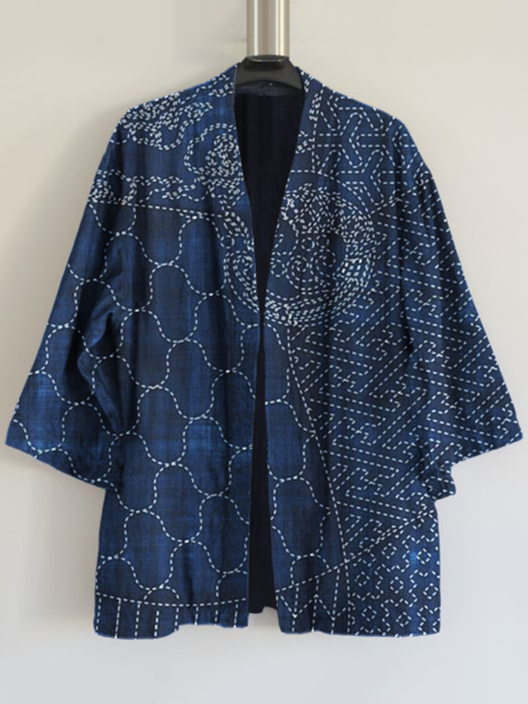 Japanese Traditional Sashiko Art Print Blend Kimono Cardigan