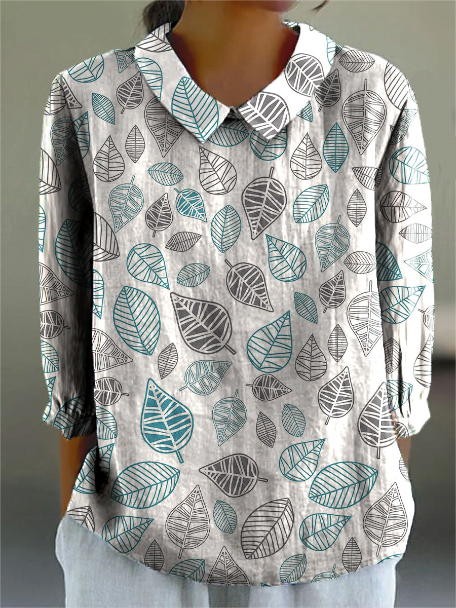Vintage Leaf Art Print Casual Cotton & Linen 3/4 Sleeve Shirt