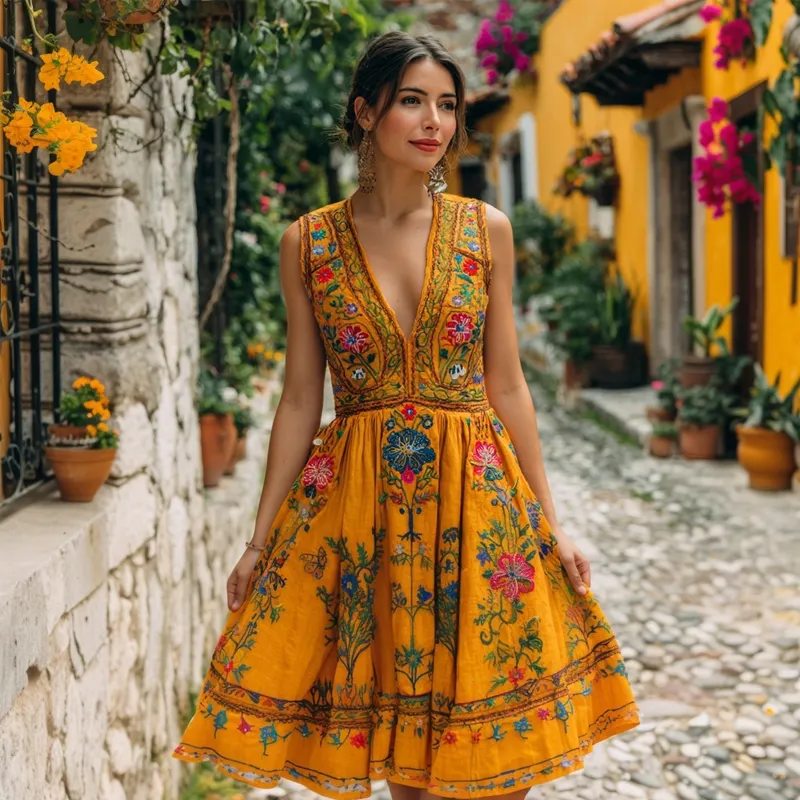 Day Of The Dead Mexican Flowers Embroidered Midi Evening Dress