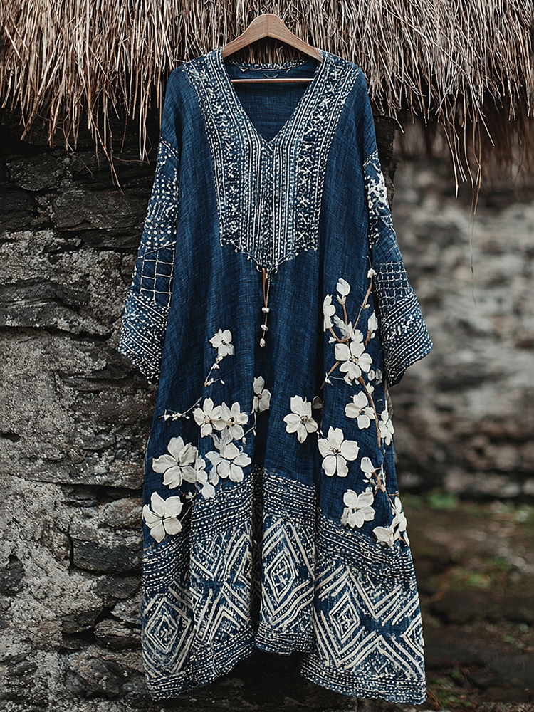Traditional Japanese Sashiko Art V-neck Dress