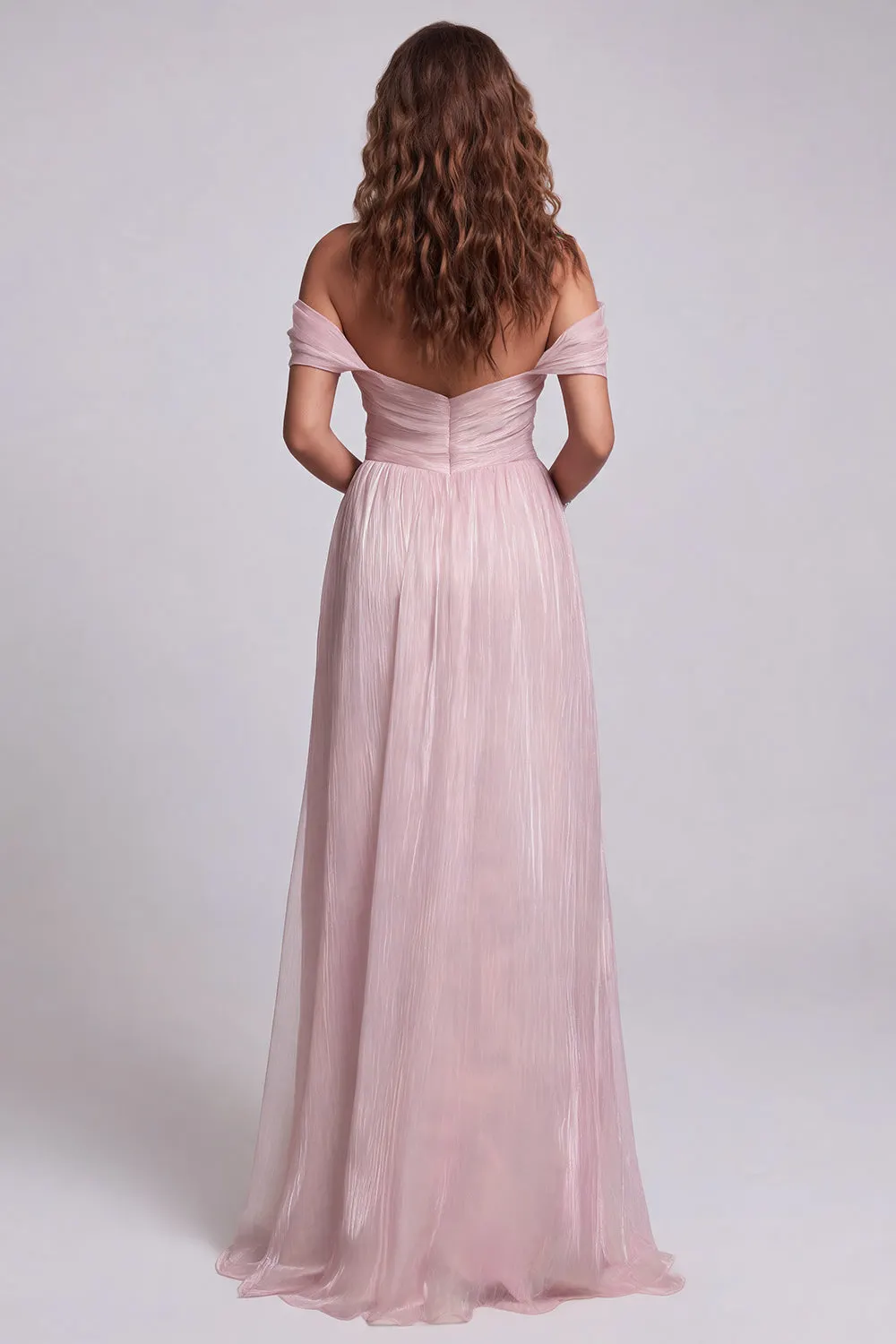 Dusty Pink Off-Shoulder Ruched Floor Gown