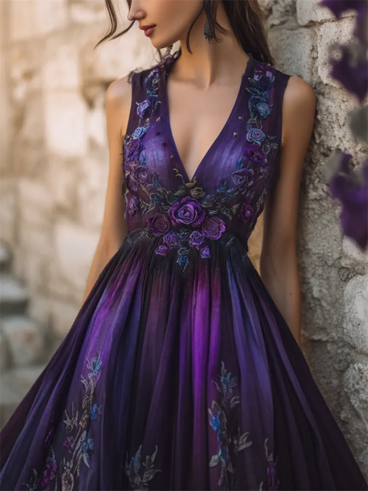 Mystical Purple Roses Vines Embroidered Linen Maxi Dress