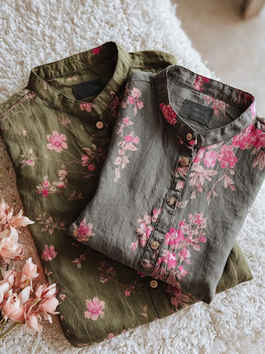 Vintage Flower Art Print Casual Cotton Linen Shirt