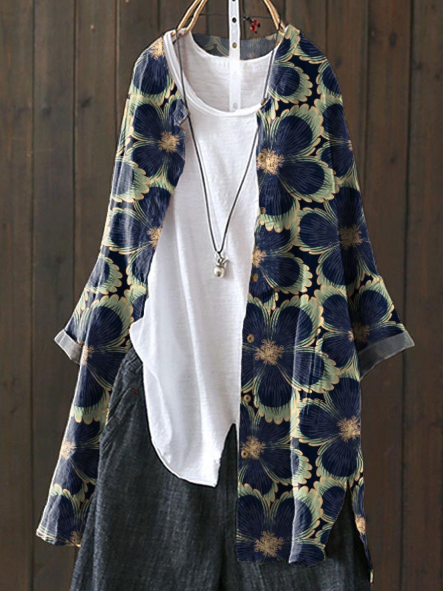 Vintage Lovely Floral Art Print Loose Casual Top Jacket