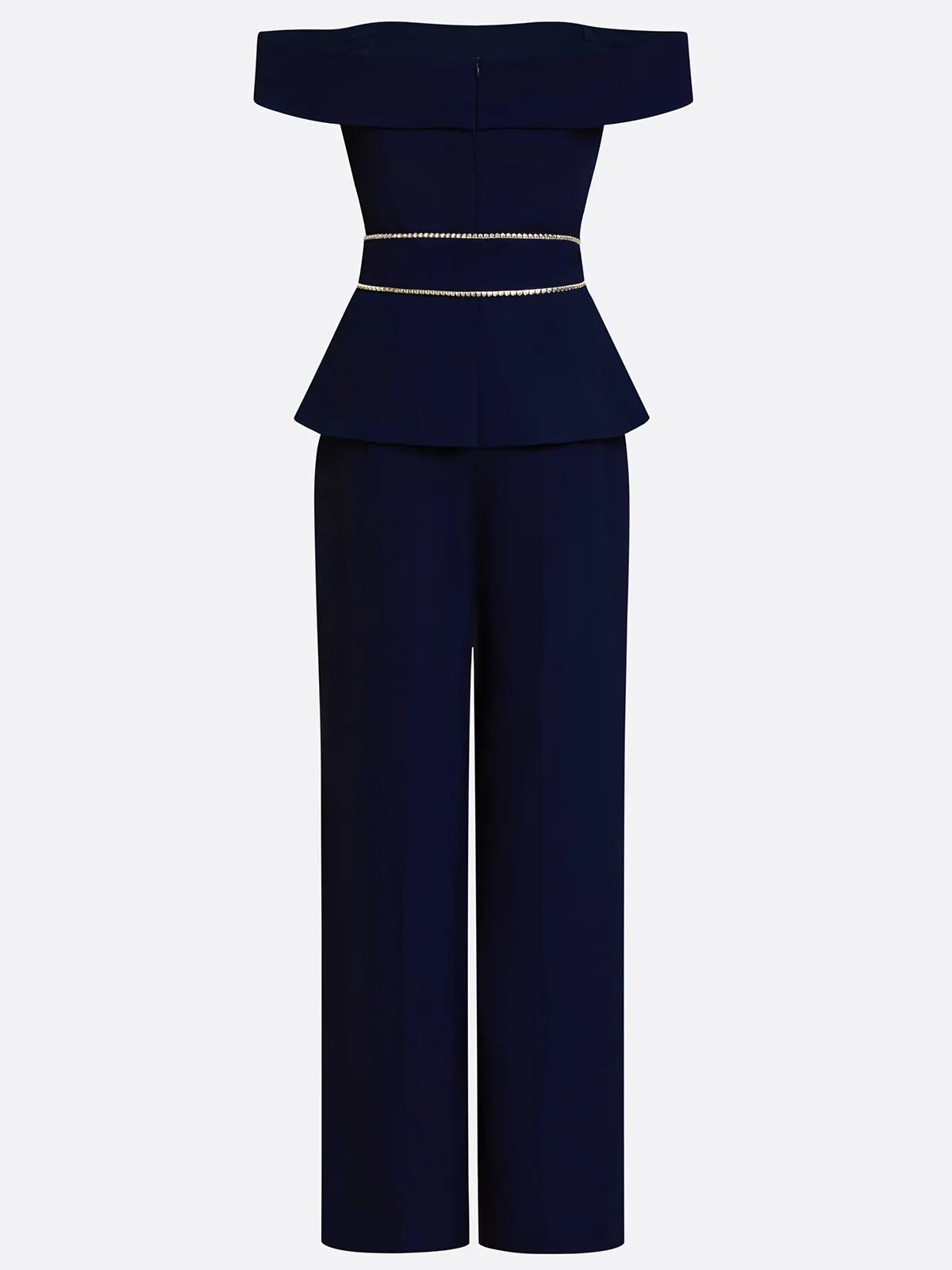Navy Blue Rhinestone Off The Shoulder Sleeveless Elegant Jumpsuit
