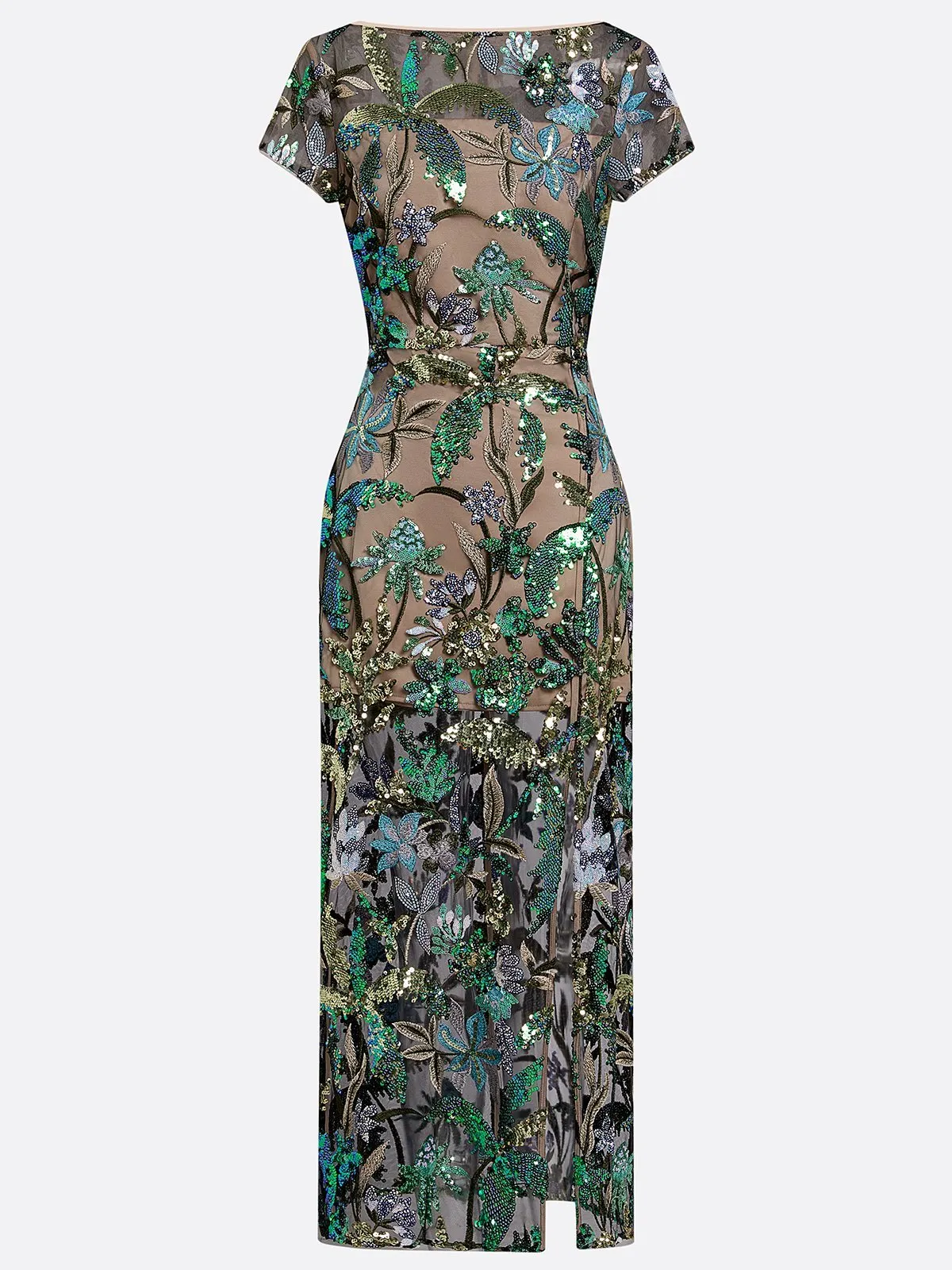 Green Glitter Boat Neck Short-Sleeve Sheath Maxi Dress