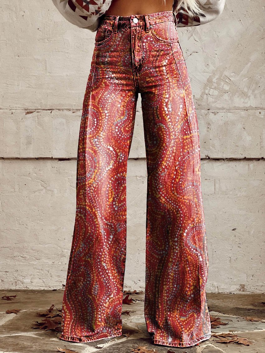 Red Print Casual Wide-Leg Pants