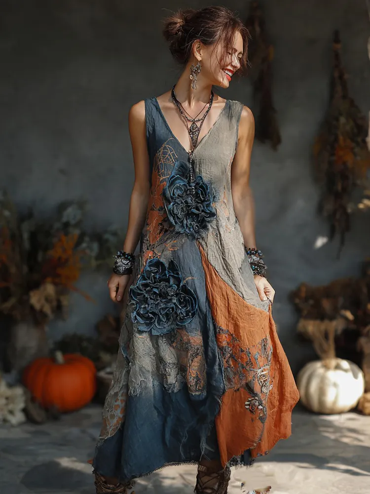 Women's Boho Witch Floral Sleeveless Evening Dress