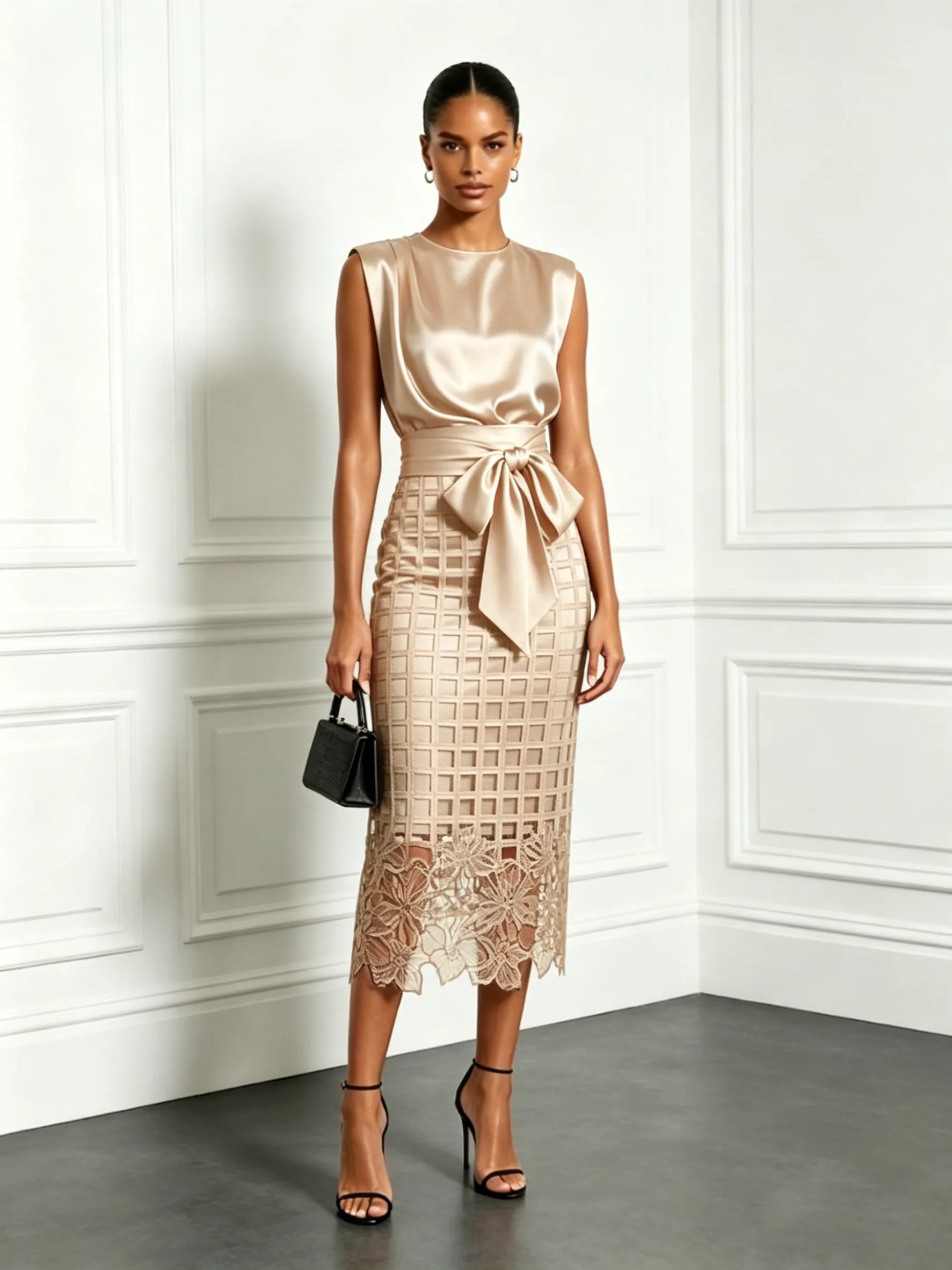 Champagne Lace Crew Neck Sleeveless Elegant Top With Skirt Two-Piece Set