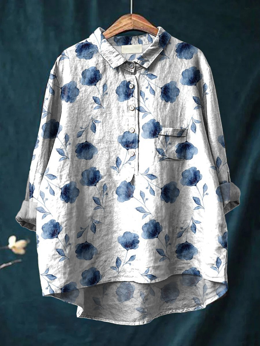Cute Little Blue Flower Print Casual Cotton & Linen Shirt