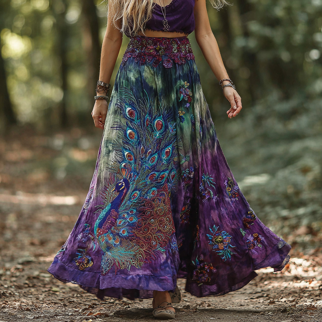 Retro Peacock Floral Gradient Art Linen Blend Midi Skirt