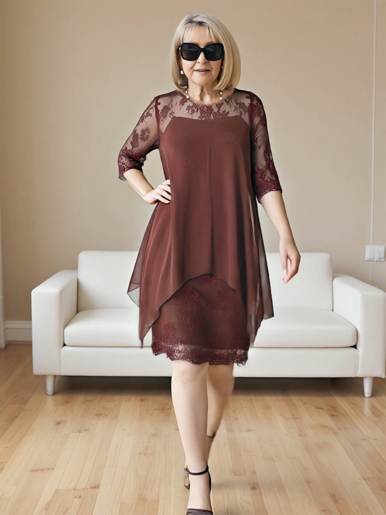 Brown Lace-Trim Layered Midi Dress