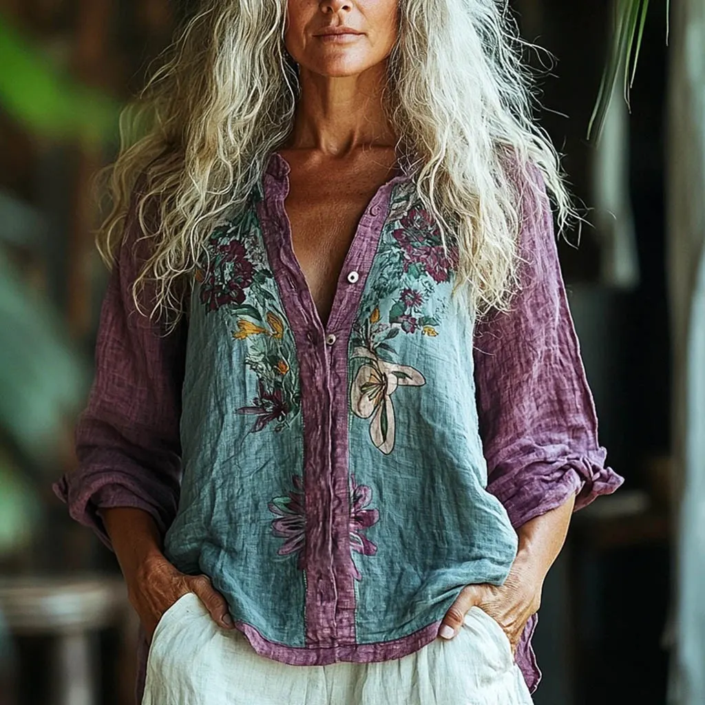 Bohemian Style Floral Art Print Long Sleeve Shirt
