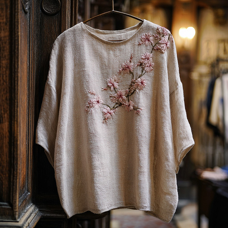 Women's Vintage Cherry Blossom Embroidered Casual Top