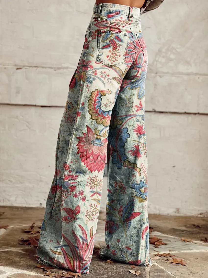 Vintage Print Casual Wide-Leg Pants