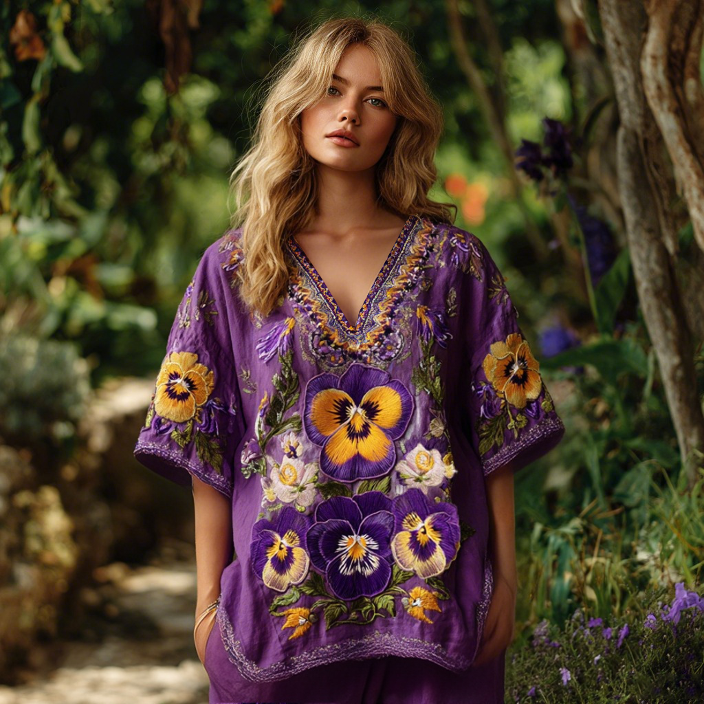 Women's Purple Pansy Embroidery Design Print Three-quarter Sleeves Shirt