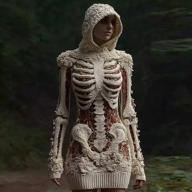 Women's Halloween Sequined Skull Pattern Comfortable Knit Hooded Mini Skirt