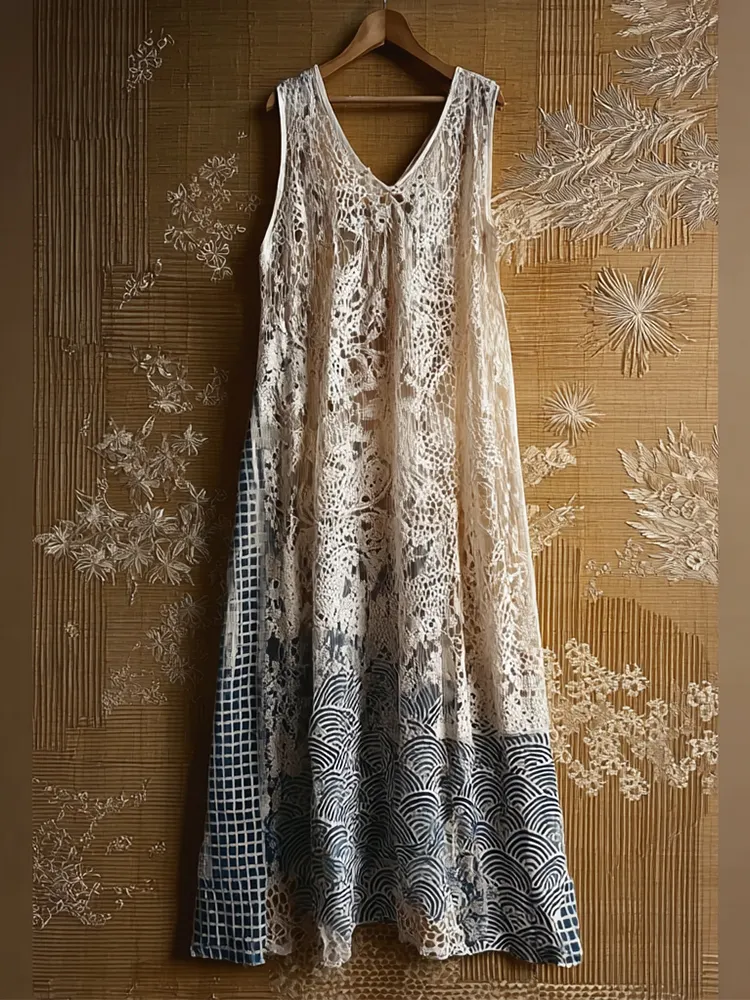 Japanese Waves Patchwork Hollow Lace Maxi Tank Dress
