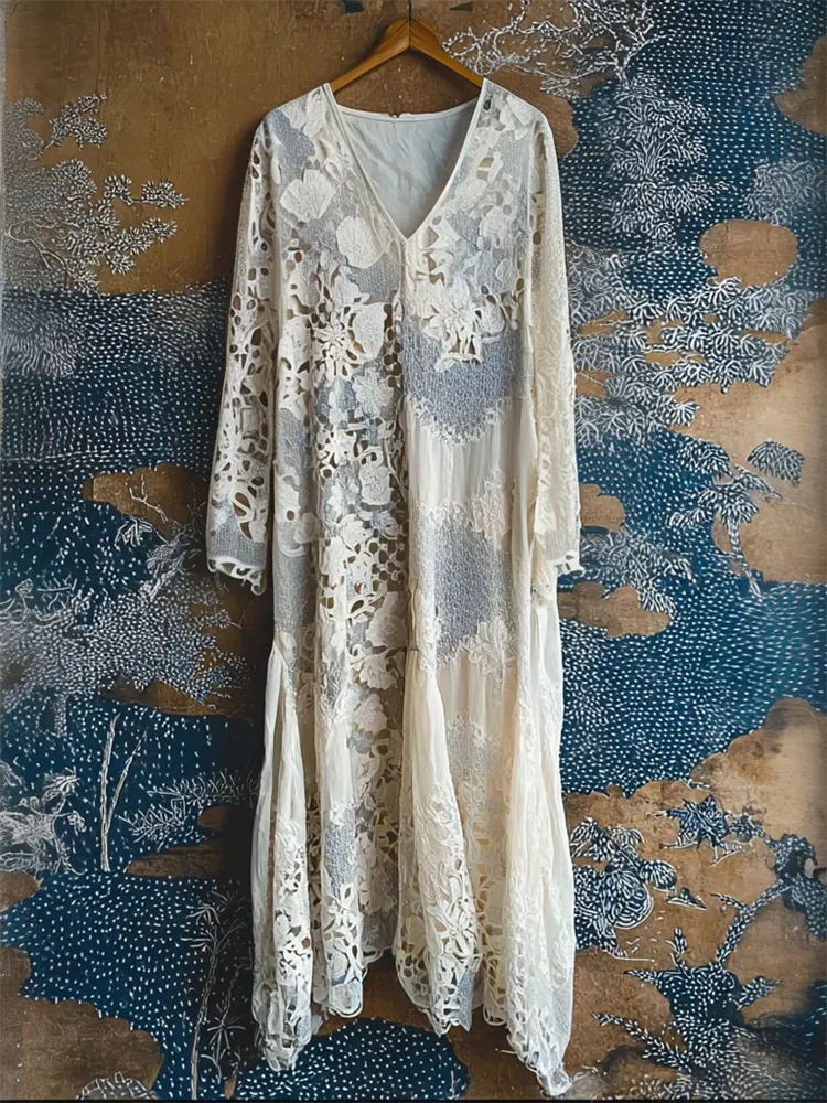 Japanese Floral Art Hollow Lace Flowy Linen Maxi Dress