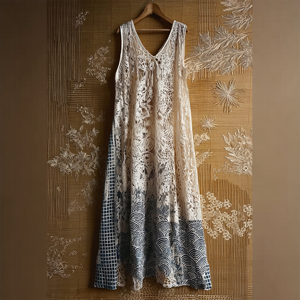 Japanese Waves Patchwork Hollow Lace Maxi Tank Dress