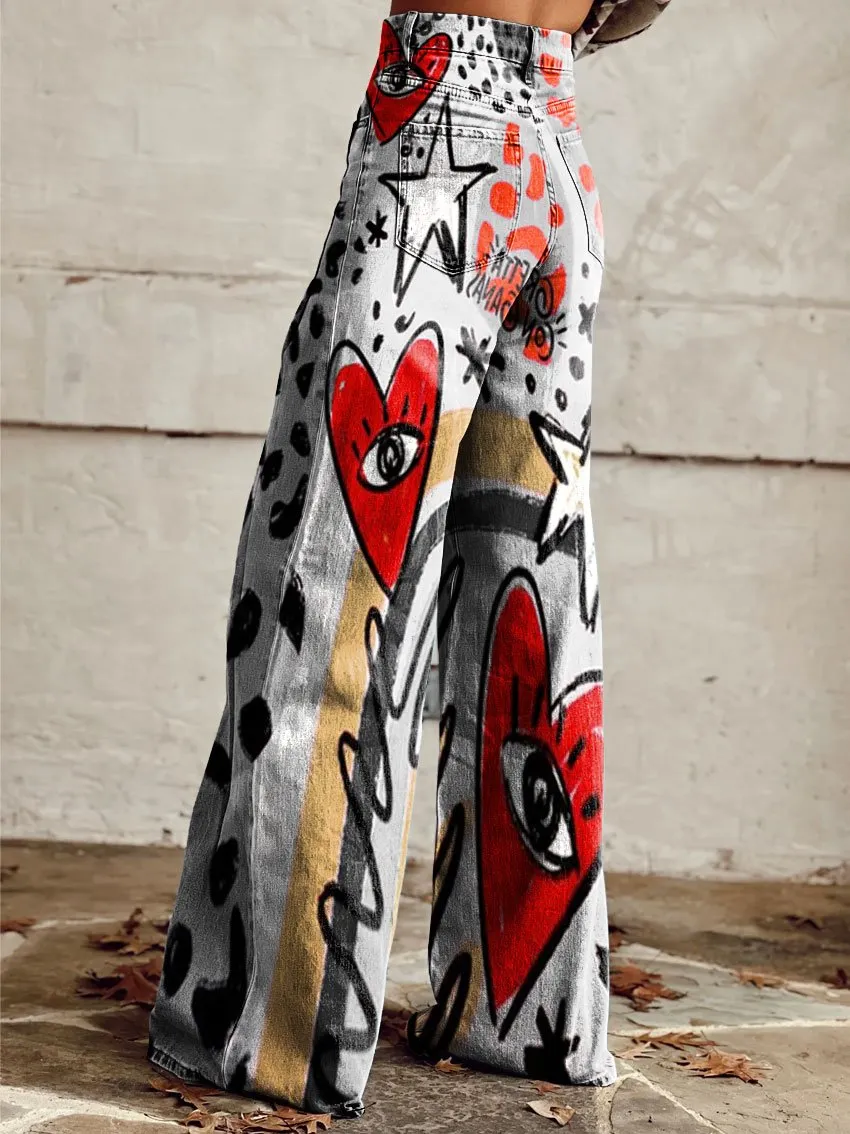 Vintage Print Casual Wide-Leg Pants