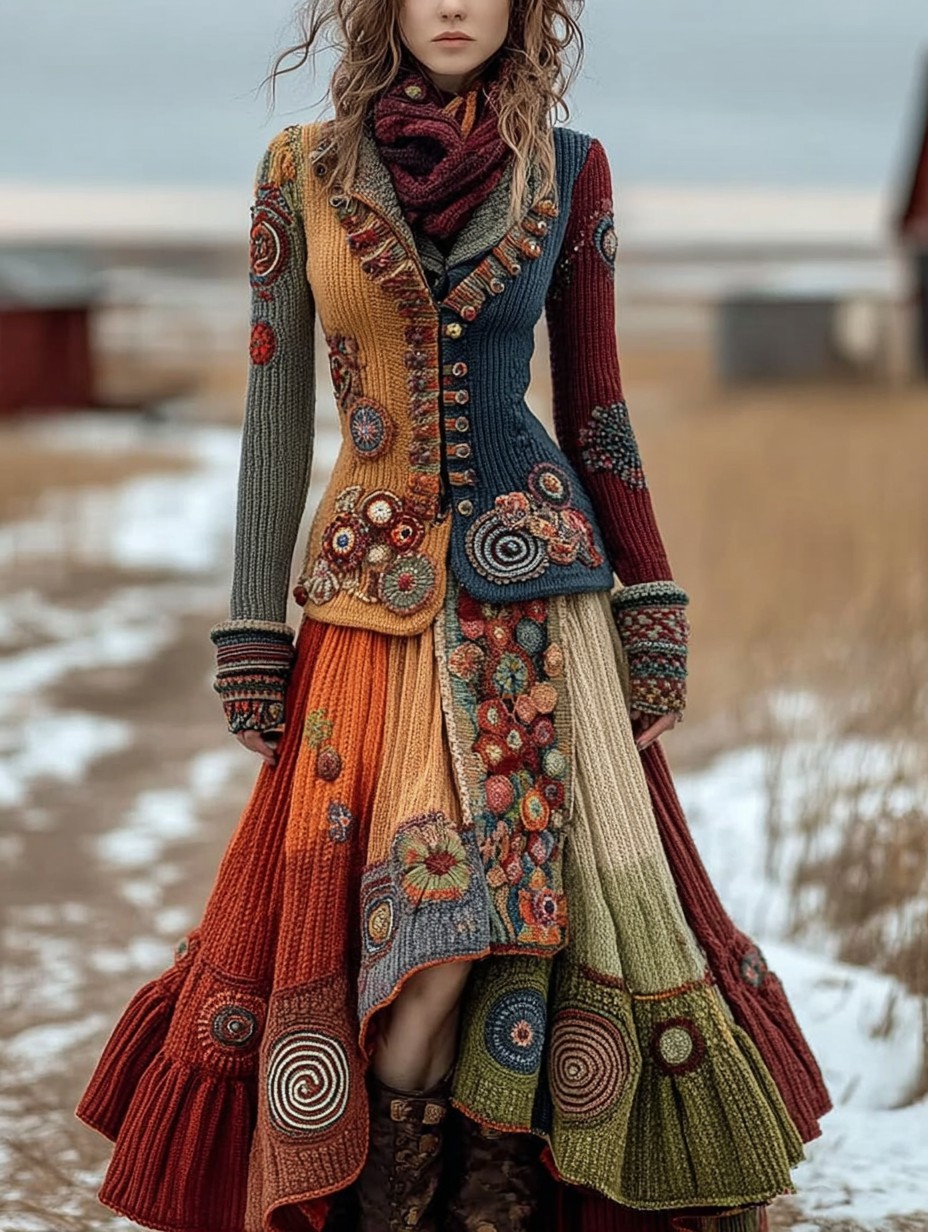 Vintage Floral Crochet Colorblock Cozy Maxi Sweater Dress