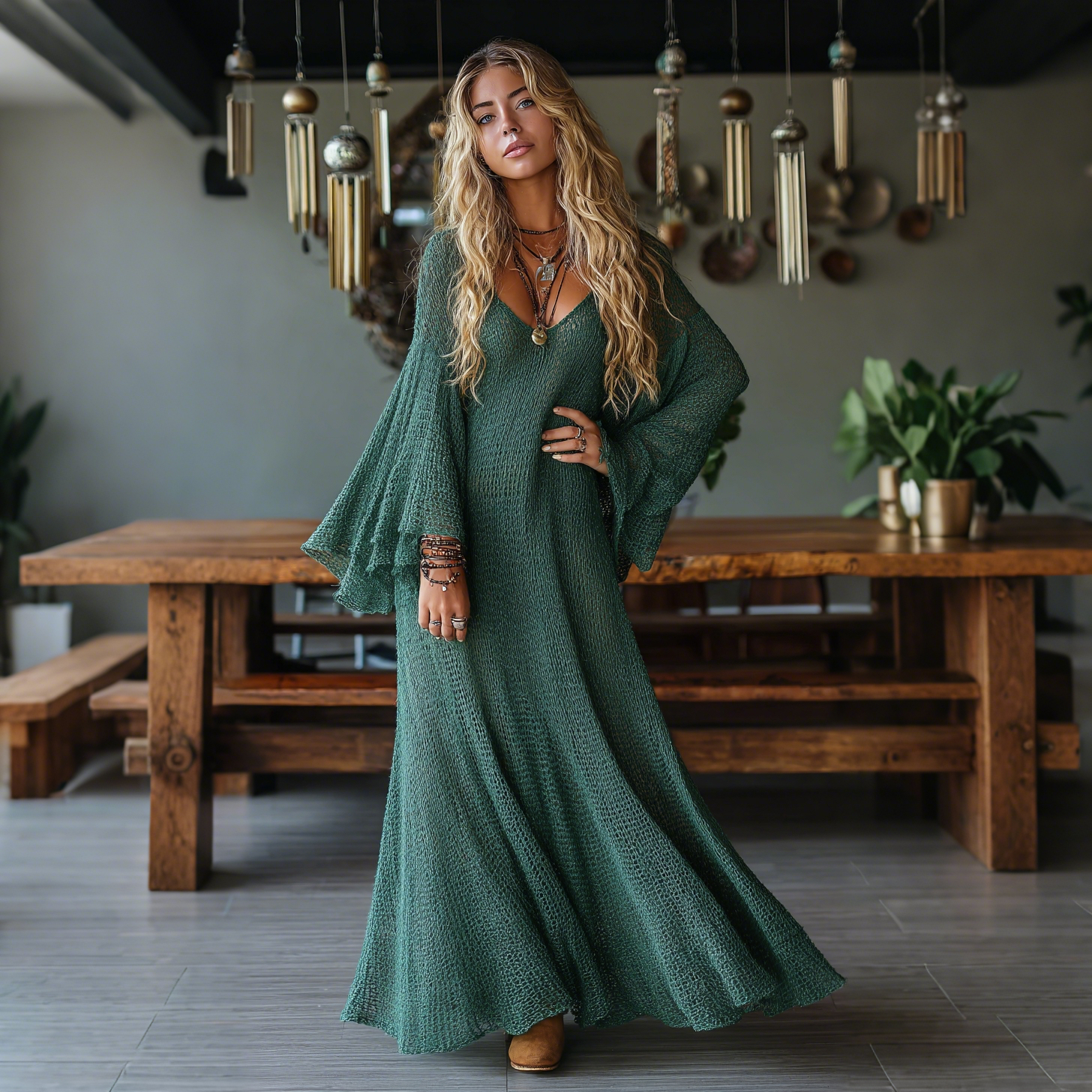 Elegant V-neck Sheer High-waisted Openwork Woven Flared Long-sleeved Oversized Dress