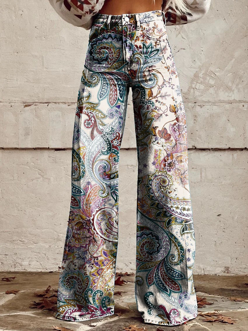 Vintage Paisley Print Casual Wide-Leg Pants