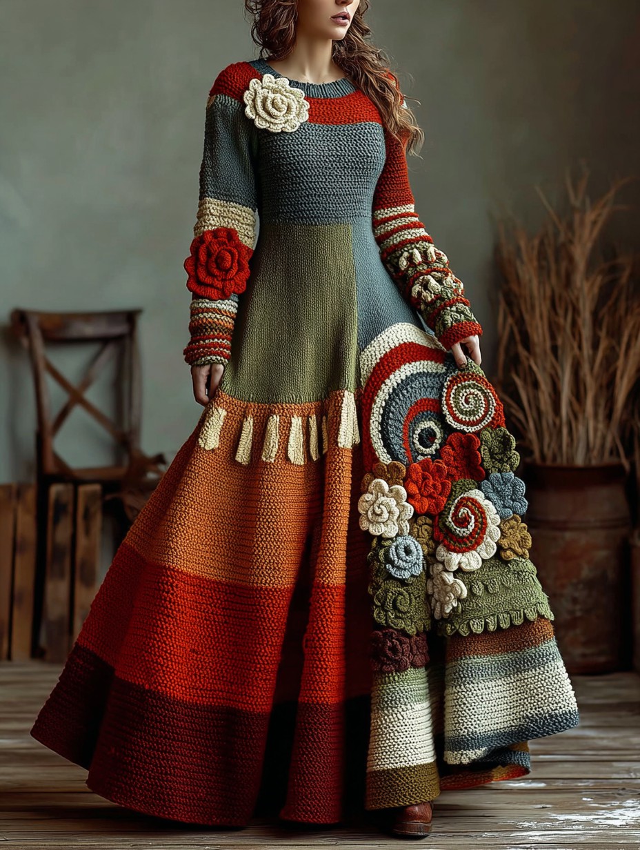 Vintage Floral Crochet Colorblock Cozy Maxi Sweater Dress