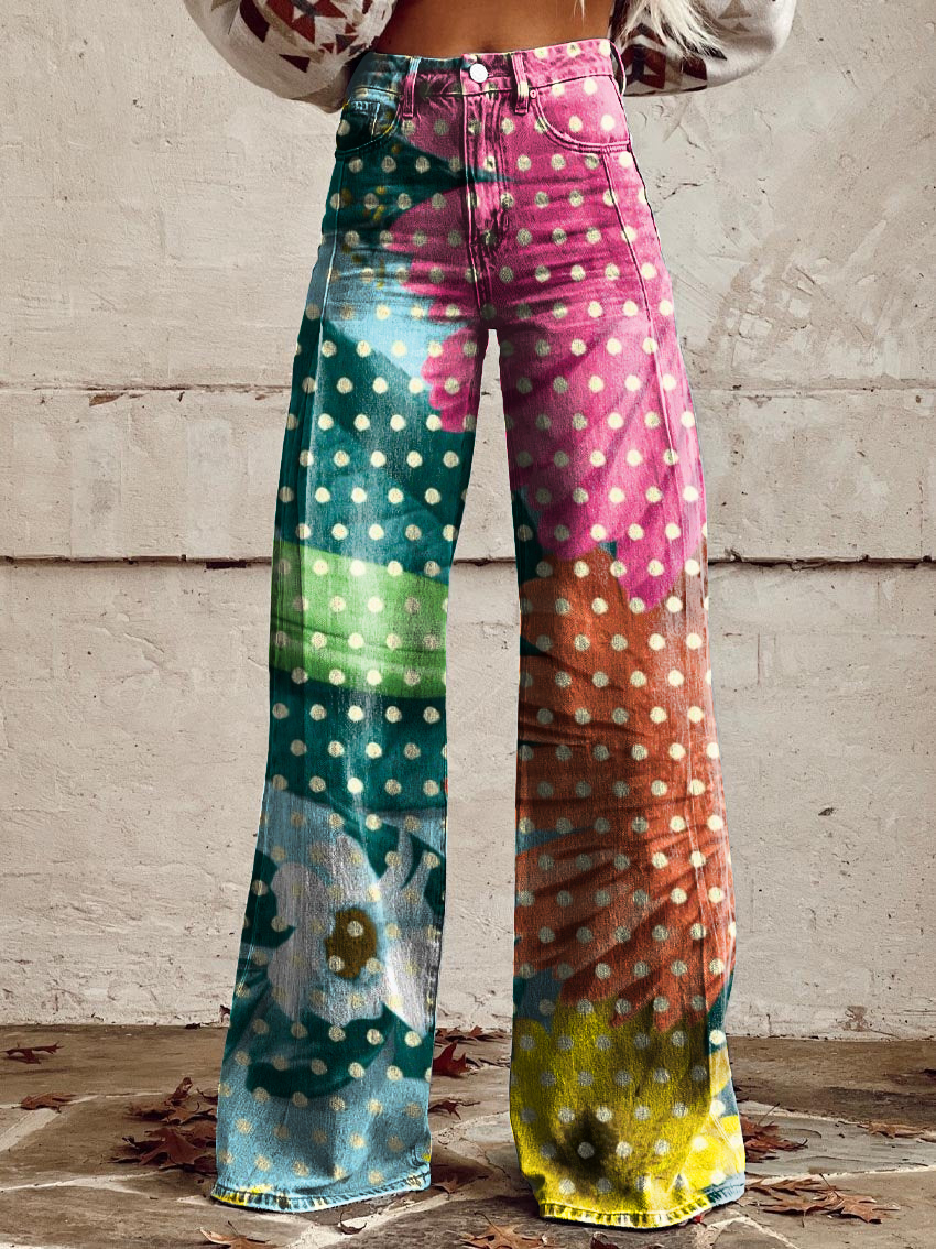 Retro Color Floral Polka Dot Art Casual Wide-Leg Pants