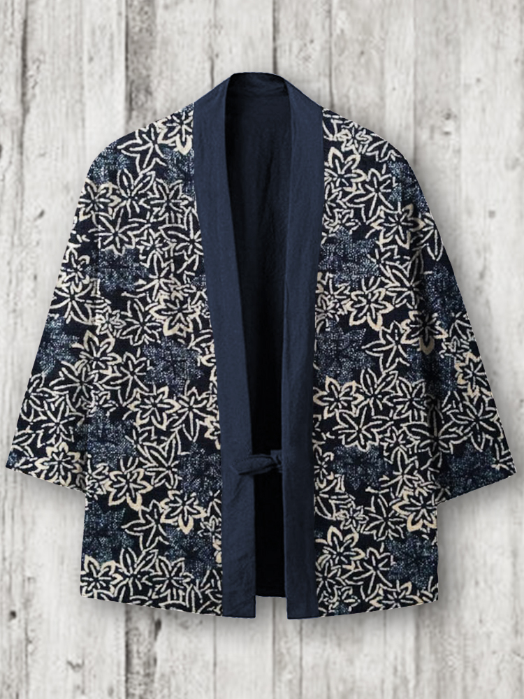 Japanese Maple Leaves Pattern Linen Blend Kimono Cardigan