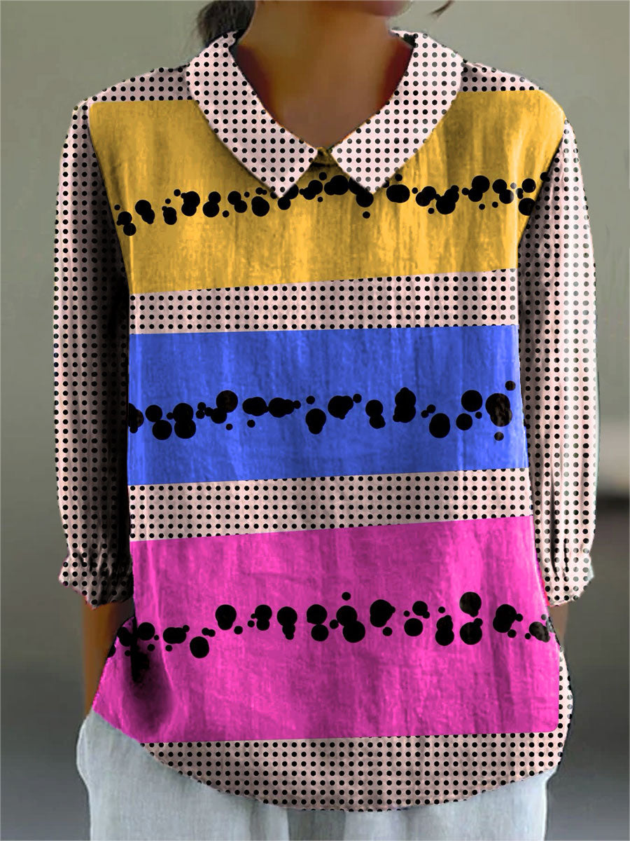 Vintage Polka Dot Art Print Casual Cotton & Linen 3/4 Sleeve Shirt