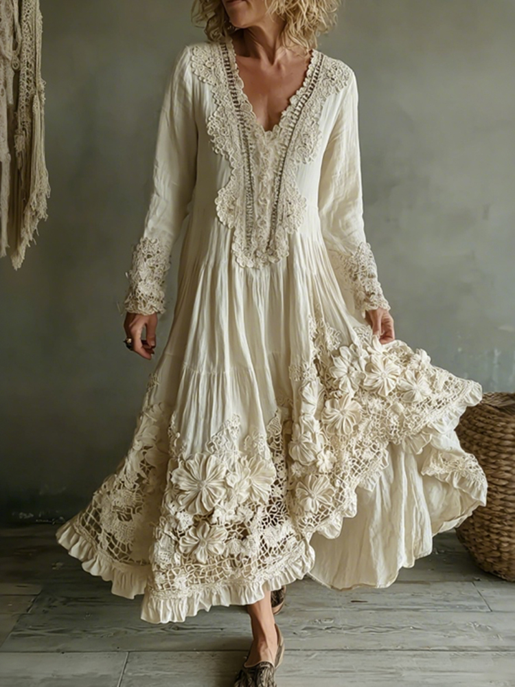 Women's Vintage Lace Floral Art Flowy Maxi Dress