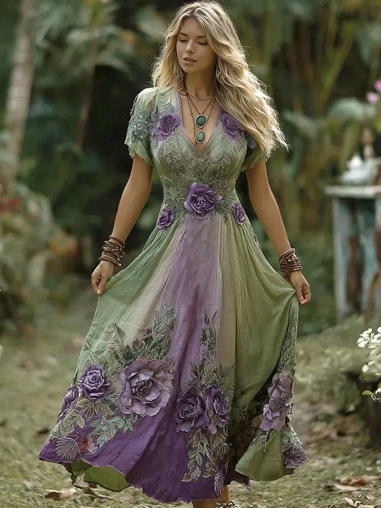 Vintage Gradient Purple Floral Embroidered Short Sleeve Maxi Dress