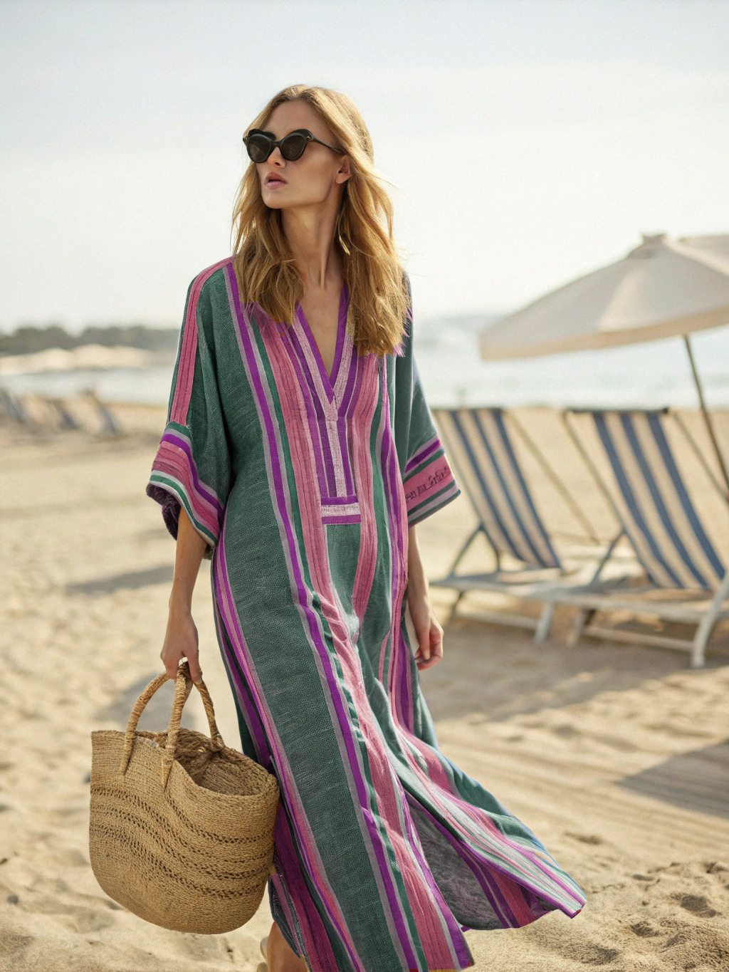 Contton & Linen Long-Sleeve Kaftan Maxi Dress